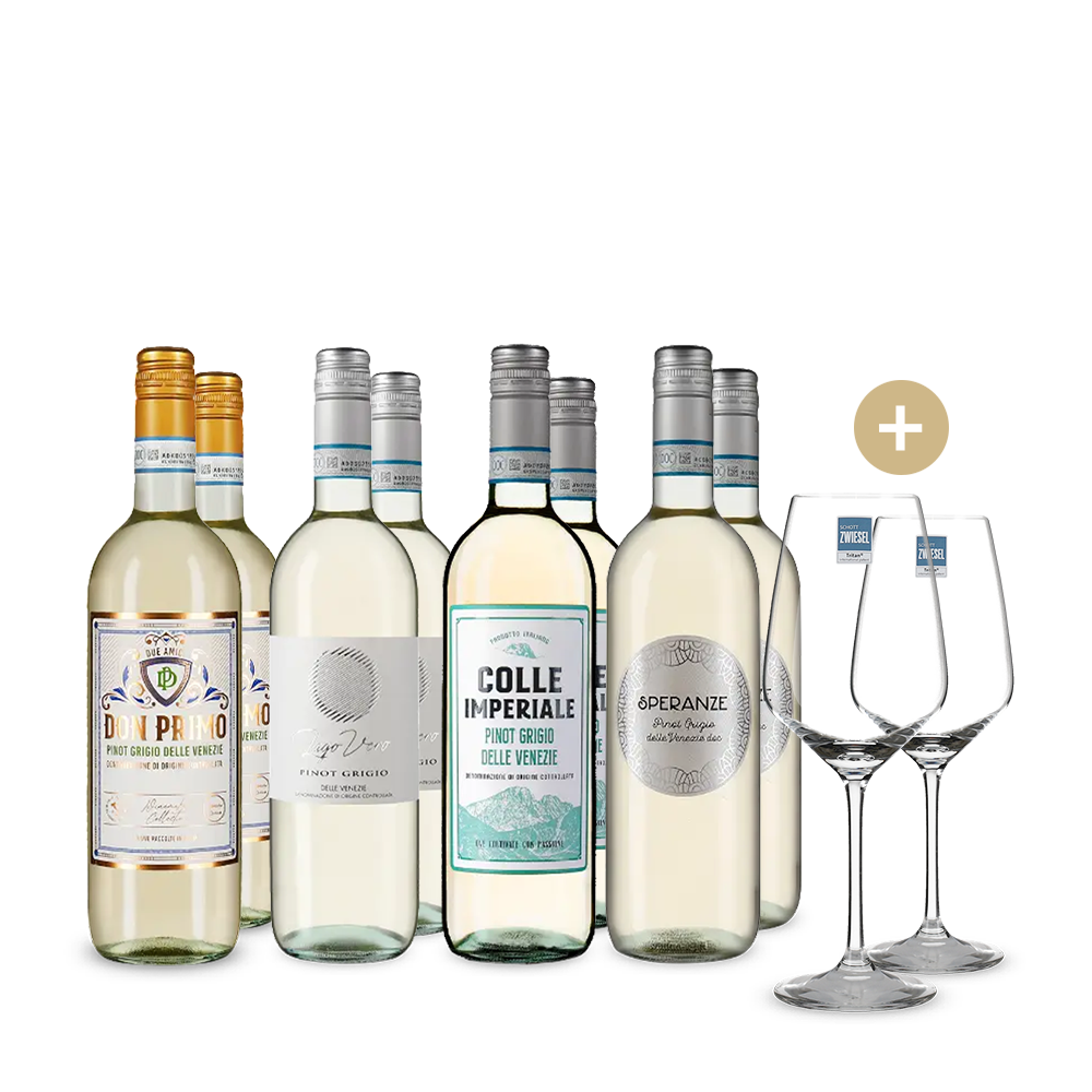 Zlatem oceněné hvězdy Pinotu Grigio v balení 4x2 + 2 sklenice – Gold