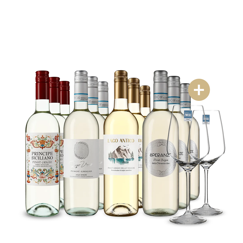 Pinot Grigio: Naše hvězdy v balení 4x3 + 2 sklenice – Gold