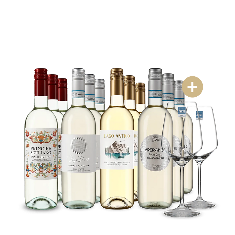 Pinot Grigio: Naše hvězdy v balení 4x3 + 2 sklenice – Gold