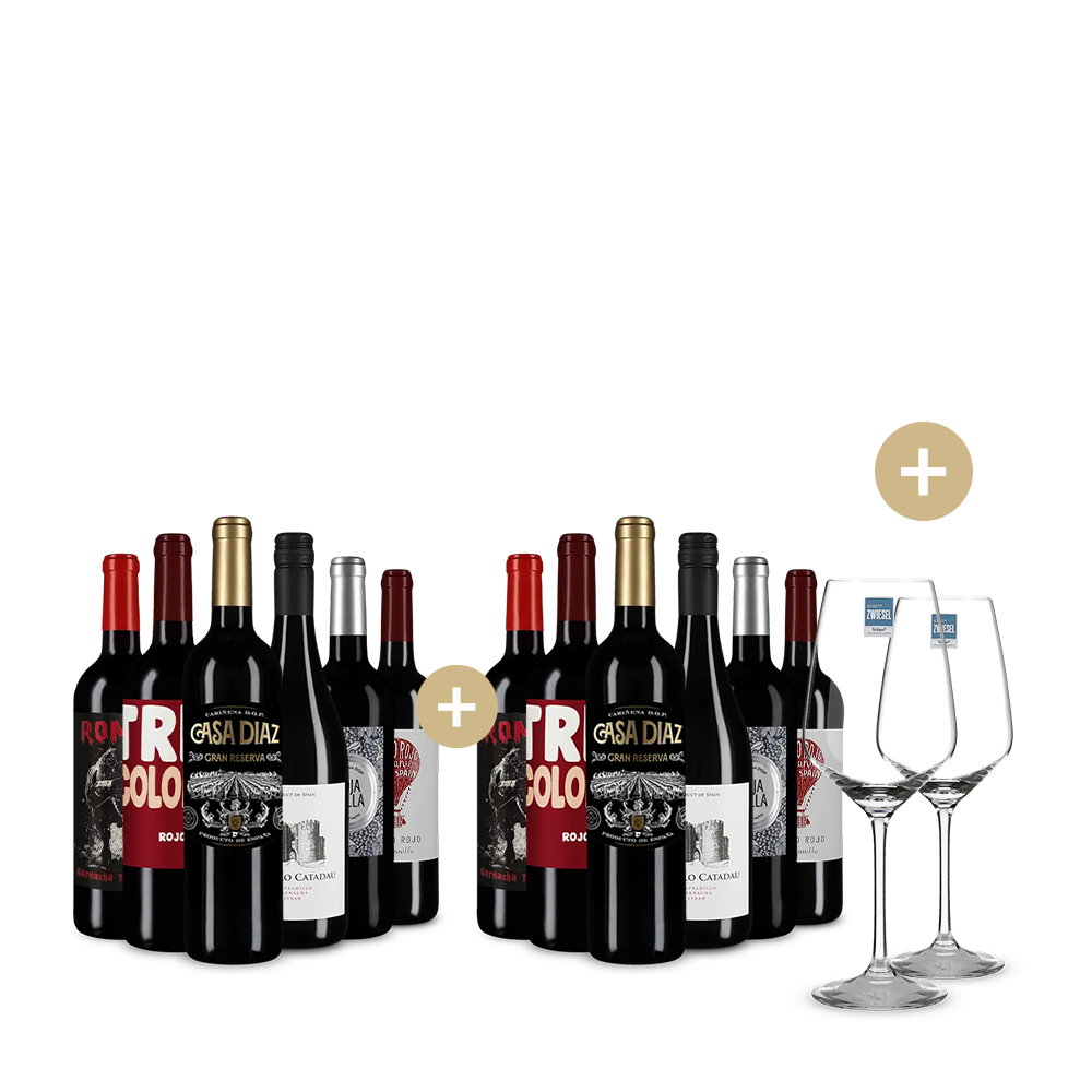 6+6 lahví: Španělské červené hvězdy + 2 sklenice na víno – Gold