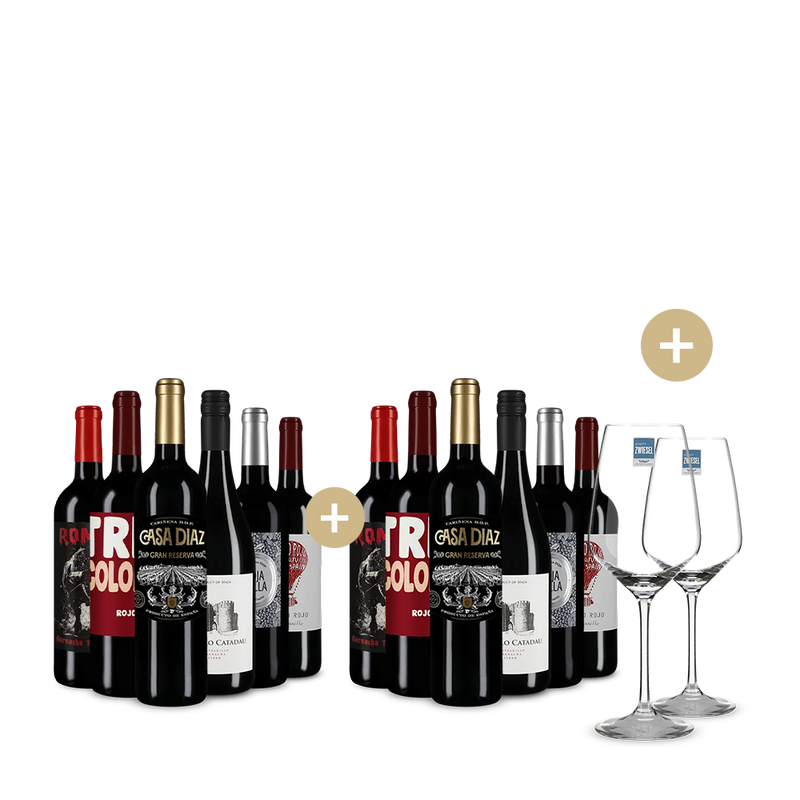 6+6 lahví: Španělské červené hvězdy + 2 sklenice na víno – Gold