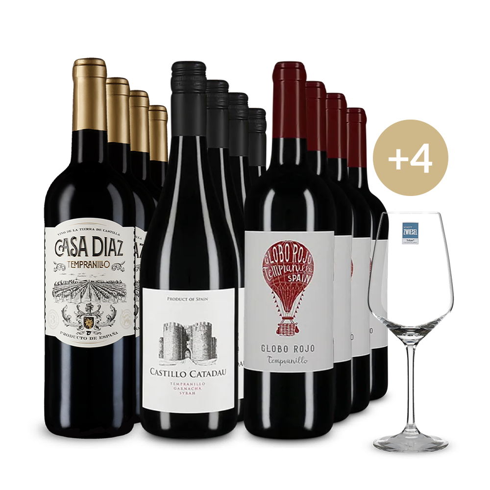 Španělská červená vína v balení 3x4 + 4 sklenice – Gold