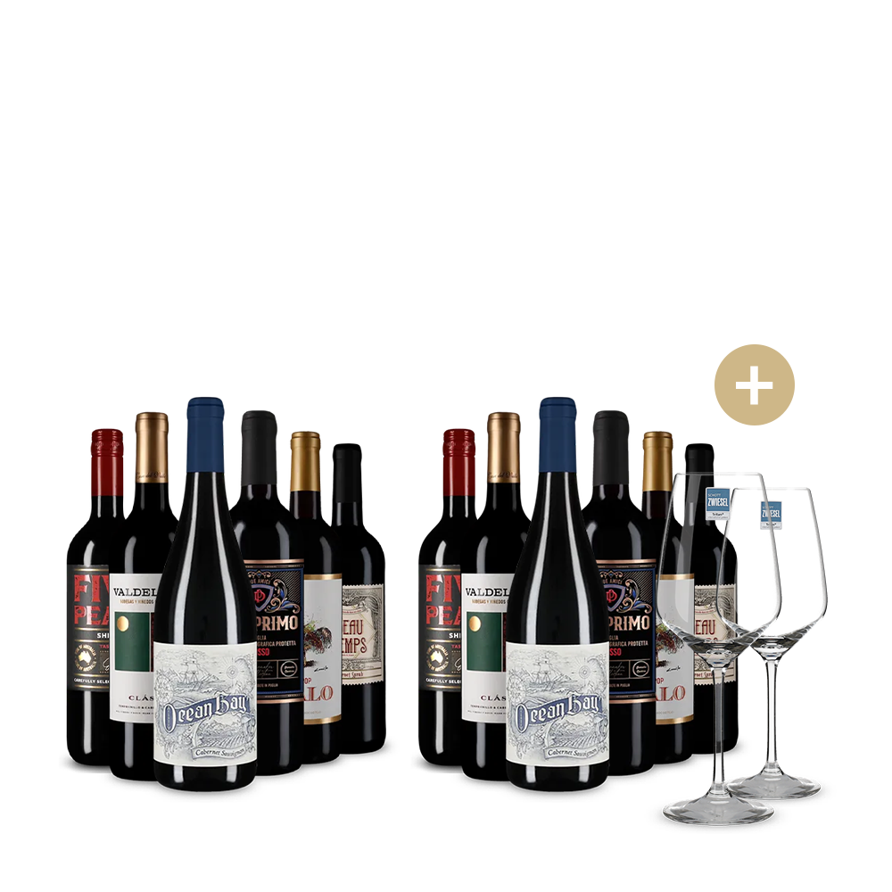 6+6 lahví: Cesta kolem světa s červeným vínem + 2 sklenice – Gold