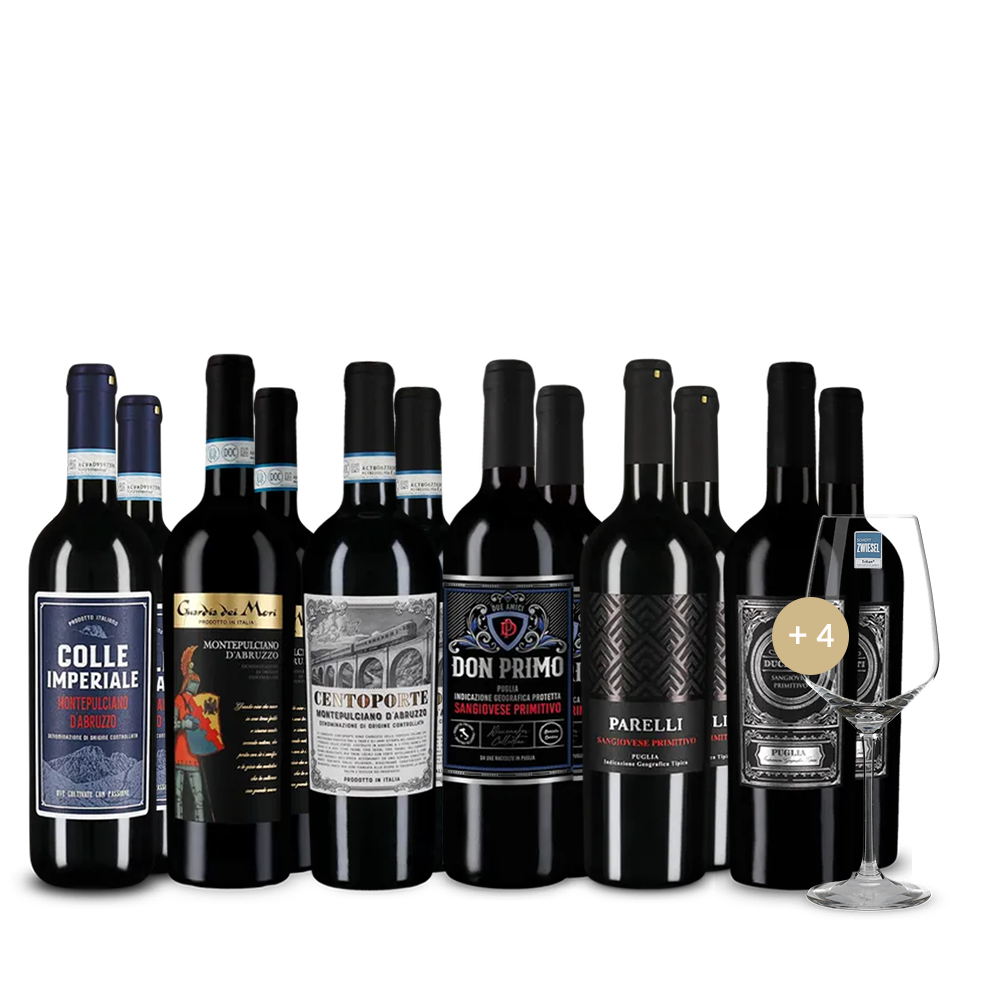 Montepulciano & Primitivo: Vysněný italský pár v balení 6x2 + 4 sklenice