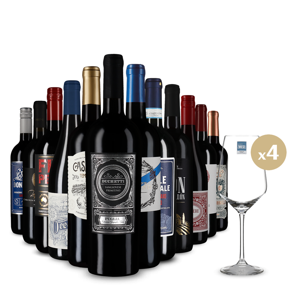 Červená vína XXL: Mezinárodní hvězdy v balení po 12 kusech + 4 sklenice