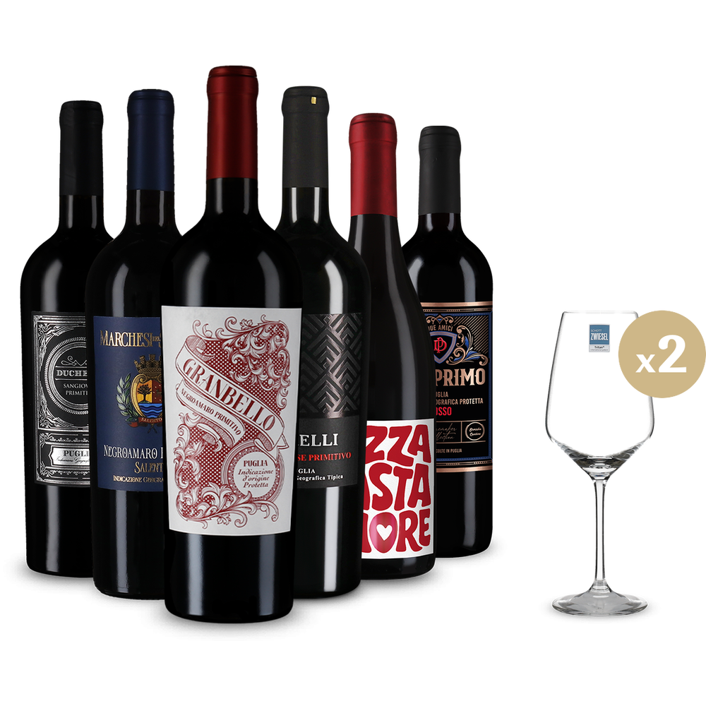 Primitivo & spol.: oblíbená červená vína v balení po 6 kusech + 2 sklenice
