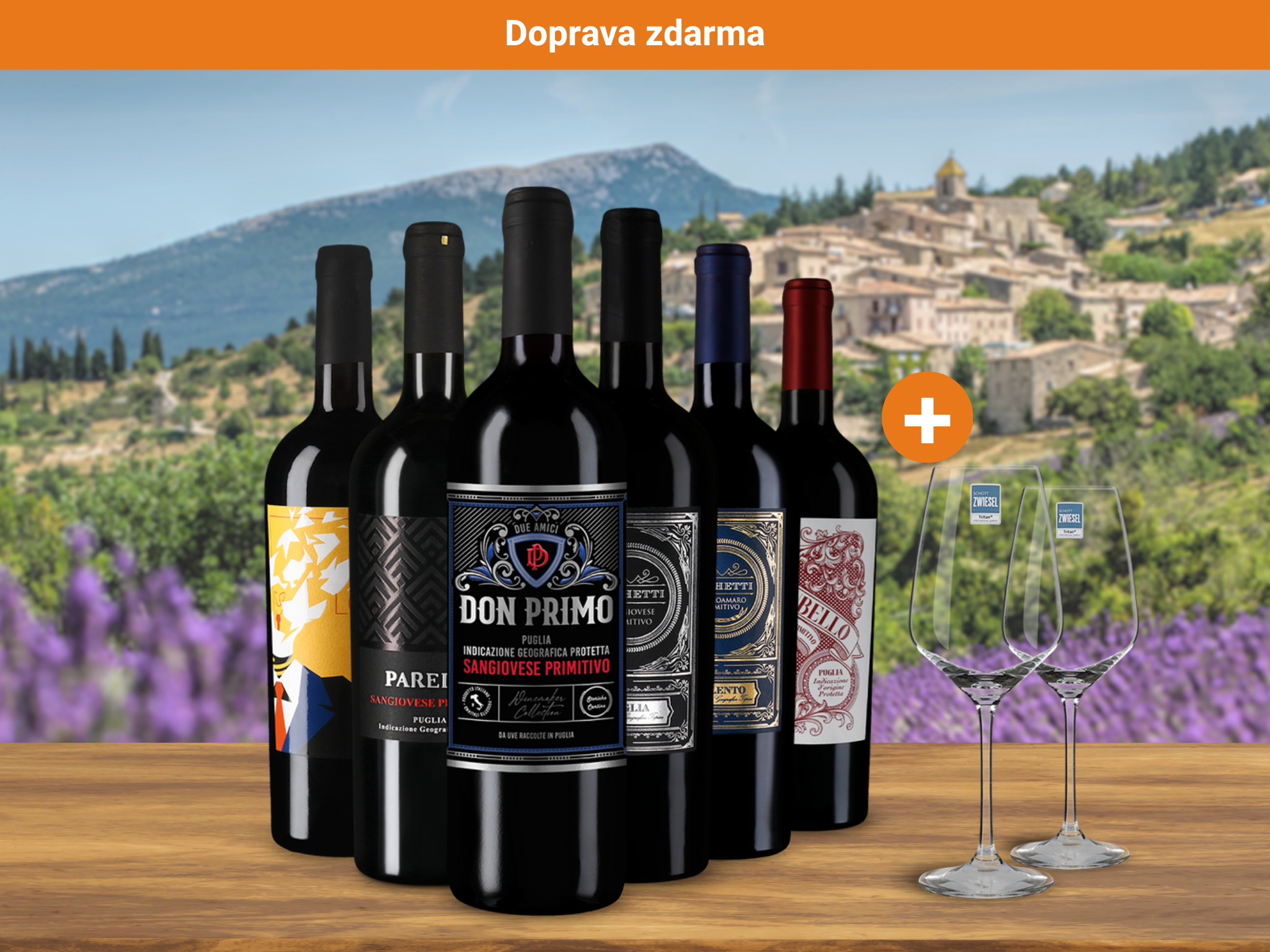 Apulské červené víno v balení po 6 kusech + 2 Schott Zwiesel sklenice