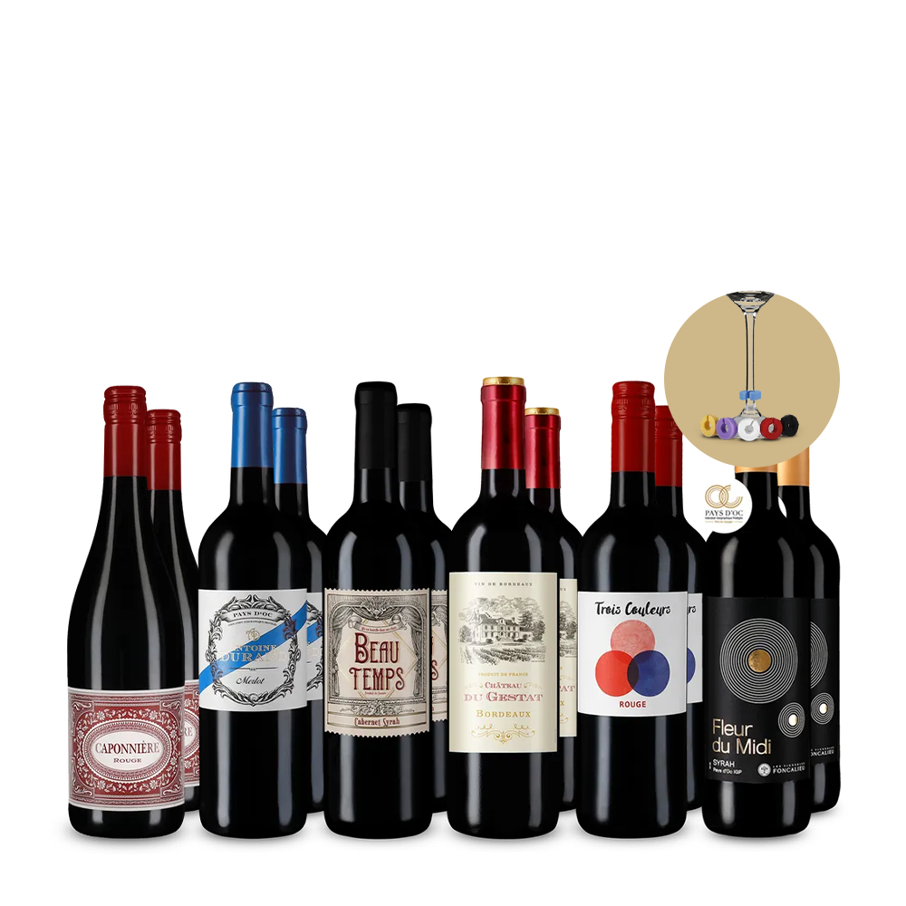 Francouzská červená vína v balení 6x2 + označovače na sklenice – Gold