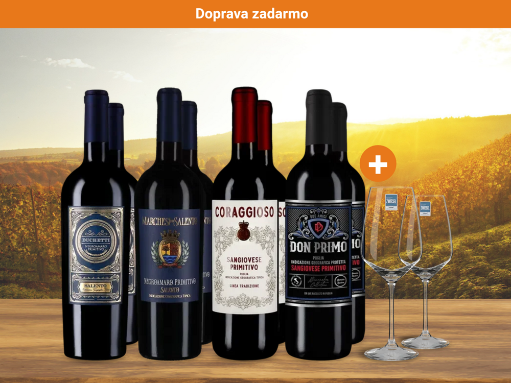 4x2 Primitivo balíček potěšení + 2 sklenice na víno